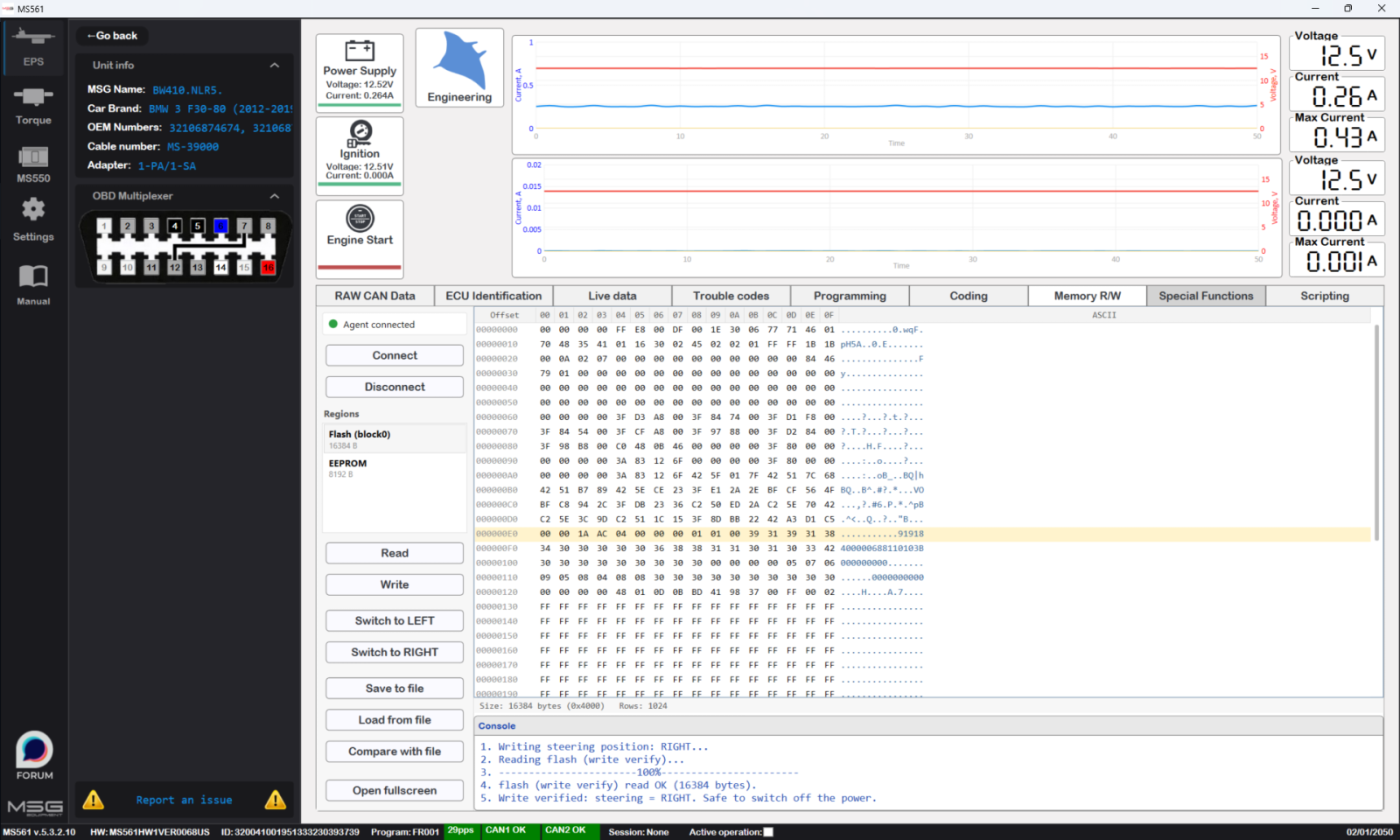 MS561 flash write verified — steering set to RIGHT