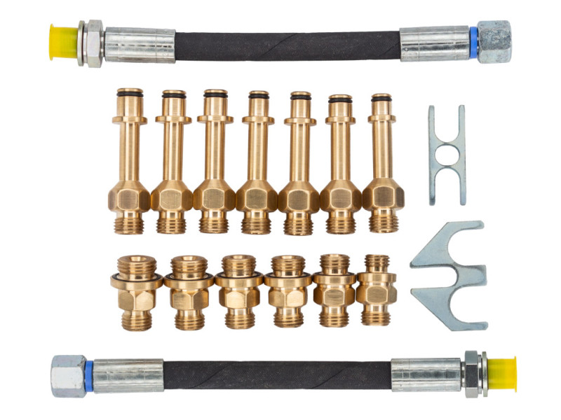 Fitting set for hydraulic steering rack diagnosis on test bench